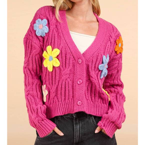 NEW VERY J statement flower cardigan in pink - Picture 3 of 6